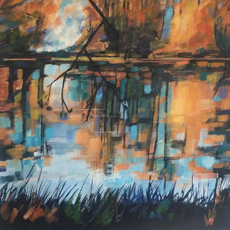 Autumn lake by Stuart Roper, acrylic on box canvas