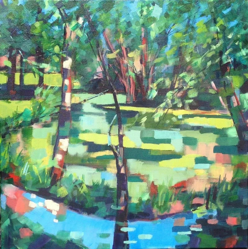 Hidden pond on a hot summer day by Stuart Roper, acrylic on canvas