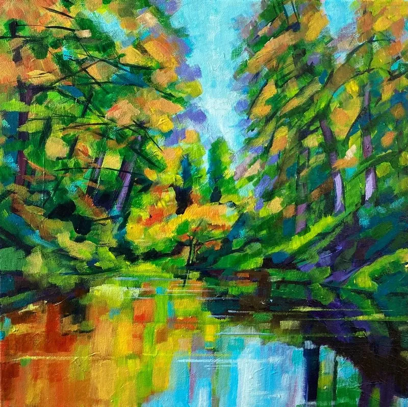 Lake at Bodnant gardens II by Stuart Roper, acrylic on canvas