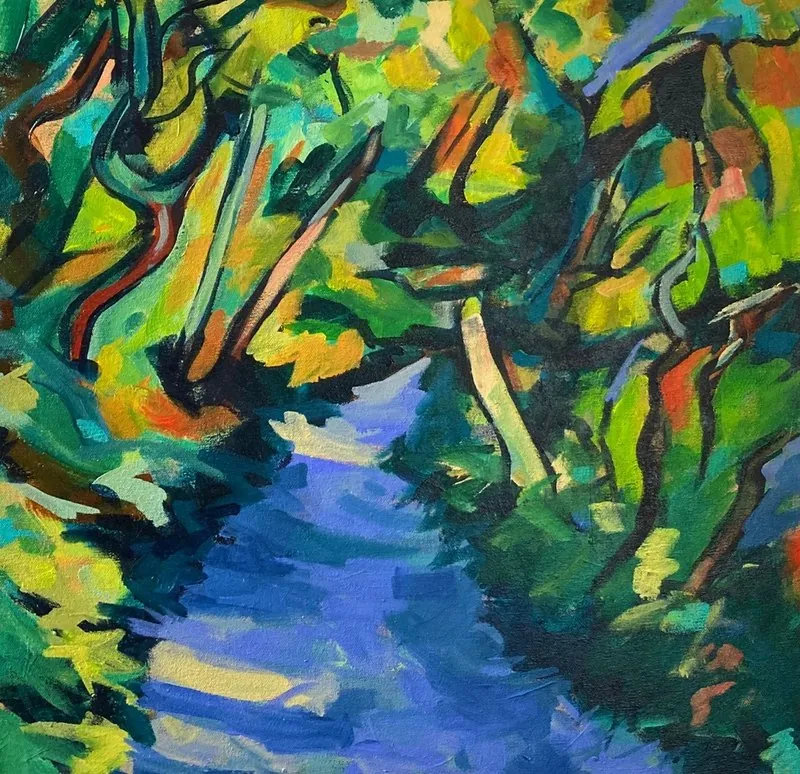 Path at Bodnant gardens by Stuart Roper, mixed media on board