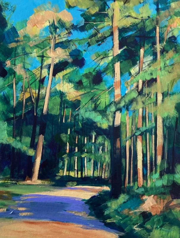 Pines at Church Crookham by Stuart Roper, mixed media on card