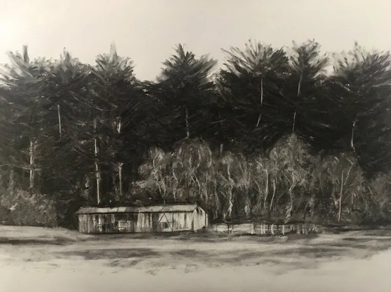 Barn on Offa’s dyke path by Stuart Roper, charcoal drawing on Fabriano paper