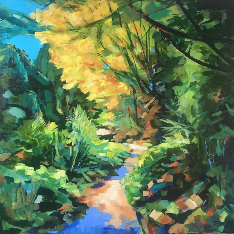 Hergestcroft gardens by Stuart Roper, acrylic on box canvas