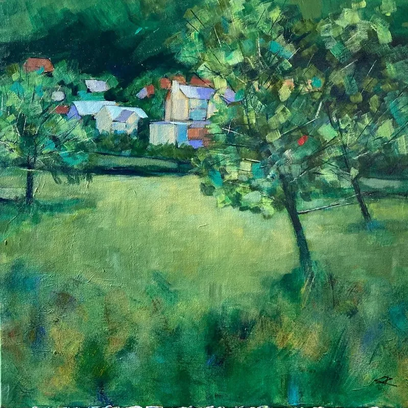 Knucklas from the orchard by Stuart Roper, acrylic on canvas