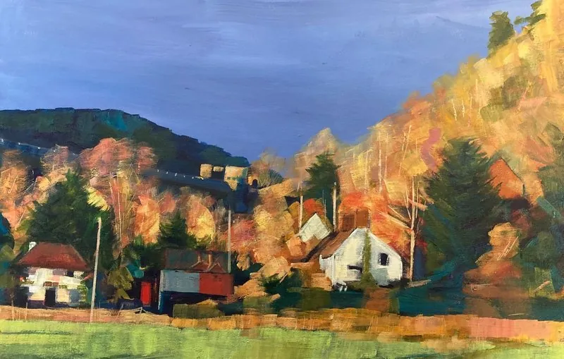 Knucklas viaduct and Castle hill by Stuart Roper, acrylic on canvas