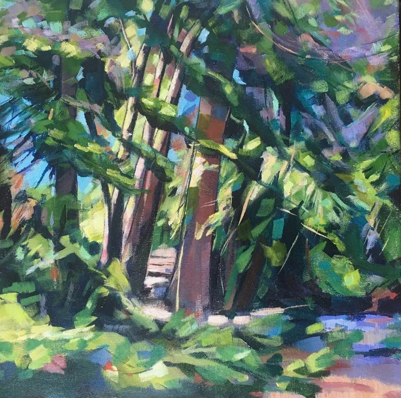 Pines at Dolwilkin by Stuart Roper, acrylic on box canvas