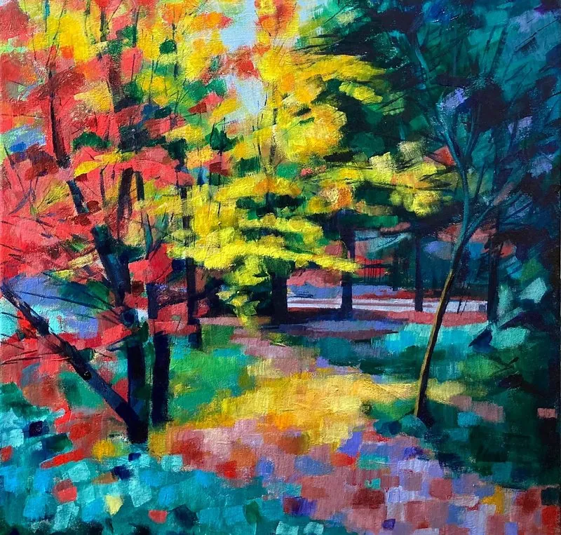 Queenswood Arboretum in Autumn by Stuart Roper, acrylic on box canvas