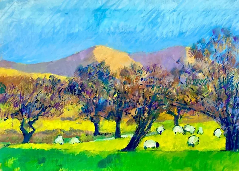 Sheep under the trees by Stuart Roper, gouache on card