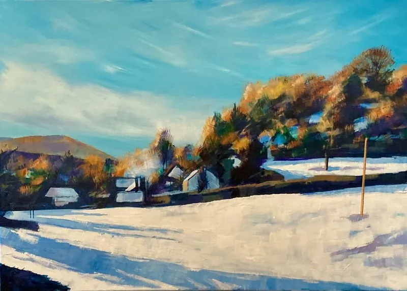 Snow in Knucklas by Stuart Roper, acrylic on box canvas