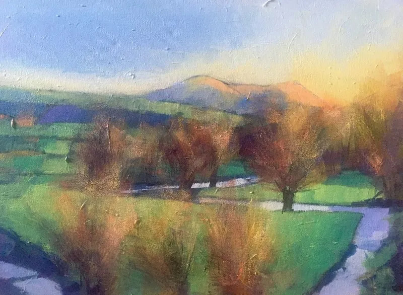 View over Ffrwdwen brook by Stuart Roper, acrylic on canvas